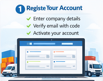 ExusTrans fuvarozói regisztrációs űrlap céges adatokkal, adószámmal és e-mailes aktiválással